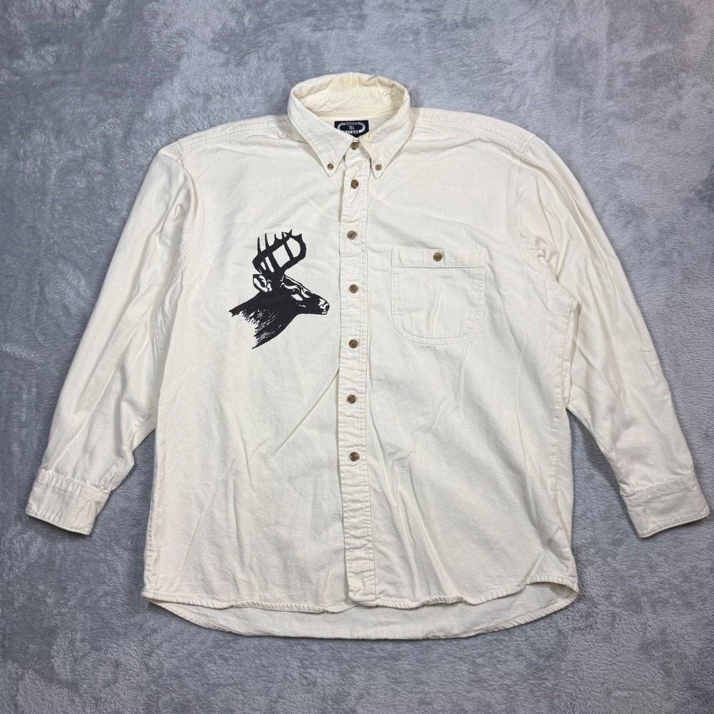 Vintage Three Rivers Button Up Shirt Mens L Cream Deer Hunting Outdoor Nature